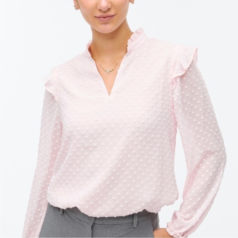 J. Crew Factory Womens Size Large V-Neck Ruffle Top in Clip Dot Light Pink BC968